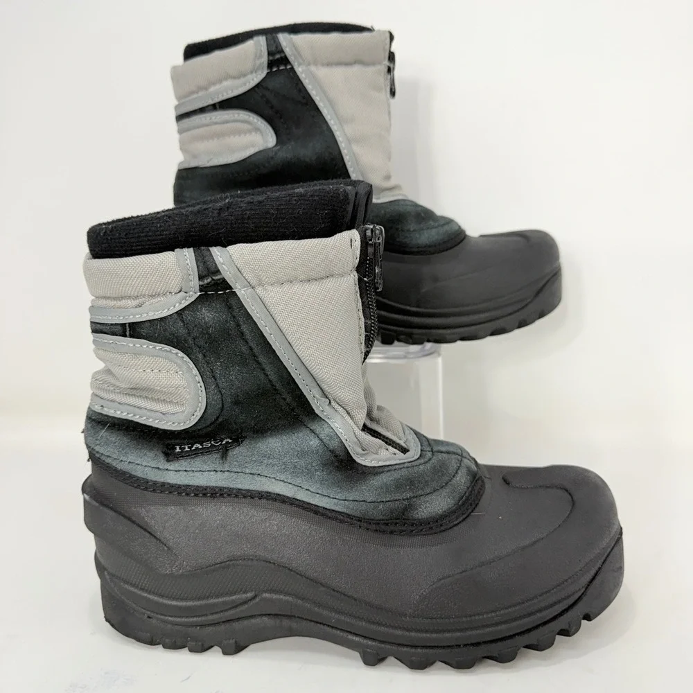 Itasca Kids Grey Black Leather Zip Front Snow Boots 806840 Size 3
